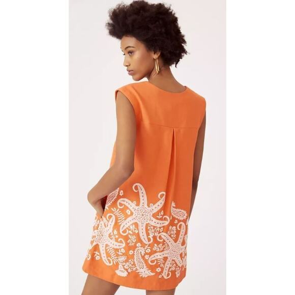 NWT MAEVE ANTHROPOLOGIE Embroidered Tunic Dress Linen Starfish Orange Size 6 - Picture 2 of 8